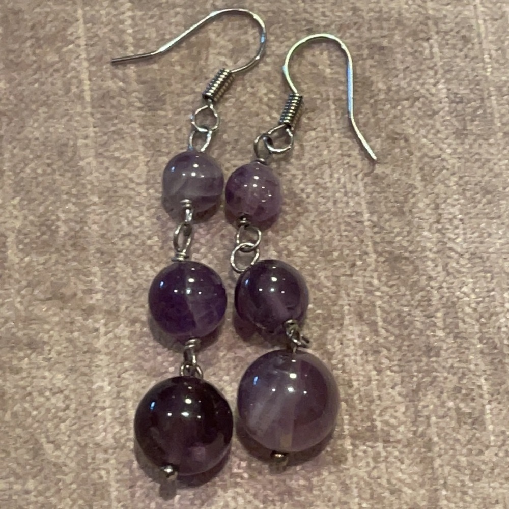 Genuine Amethyst 3 Balls Drop Earrings 2” Long